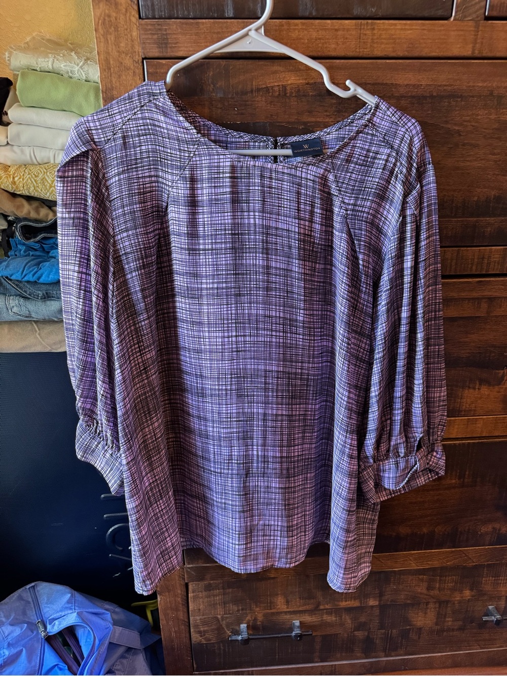 Women's Lavender Plaid Peasant Blouse with 3/4 Sleeves